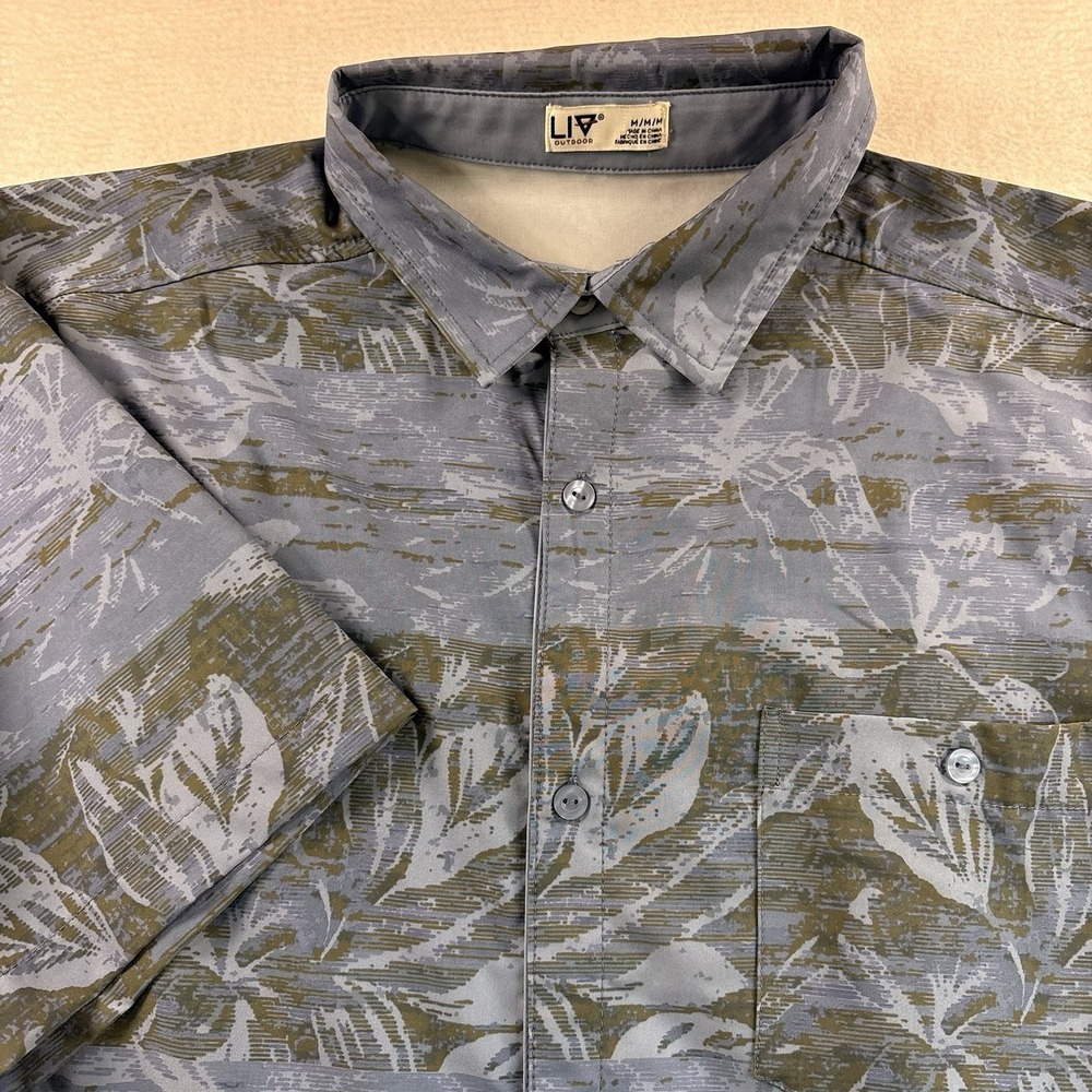LIV Outdoor Short Sleeve Performance Button Down Med Hawaiian Blue Green Stretch